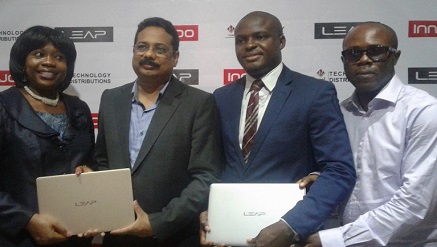 (L-r): Chioma Chimere, MD, Marketing, Technology Distribution (TD); Rakesh Rocque, country manager, Innjoo  (Nigeria); Ike Kalu, head, PC Division, TD and Ike Martins, head, Marketing, Innjoo, during media launch of Innjoo Leap A100 laptop at TD centre in Lagos